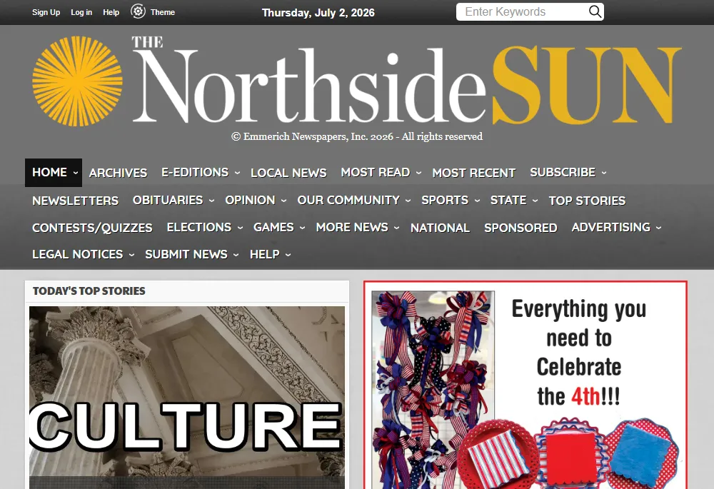  Screenshot of The Northside Sun news website homepage showing top stories, an e-edition preview, and local Mississippi advertisements.
