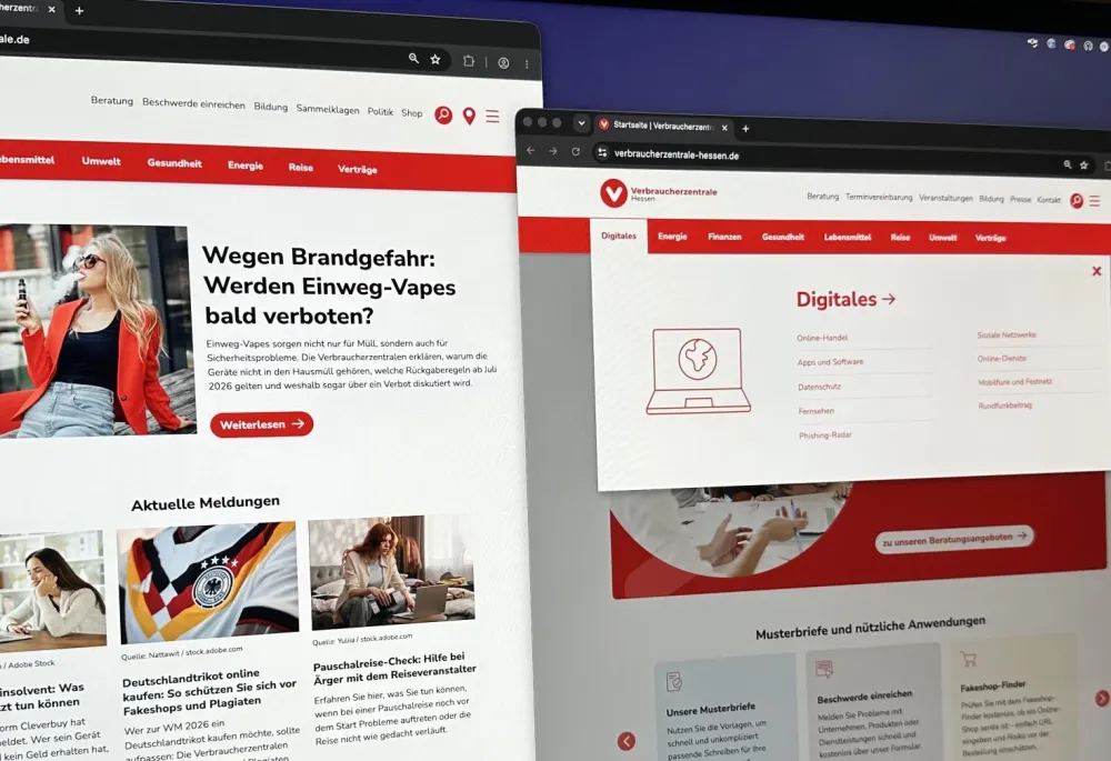 Ultrawide monitor showing three views of the Verbraucherzentrale website project: the homepage of verbraucherzentrale.de, the Verbraucherzentrale Hessen homepage with the mega menu open, and a mobile page view from Verbraucherzentrale Bayern