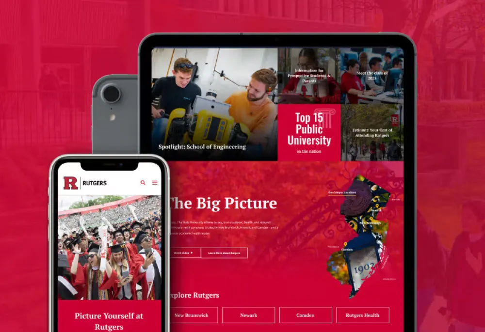 Rutgers Primary Screenshot showcasing the mobile and tablet view of the new Rutgers homepage