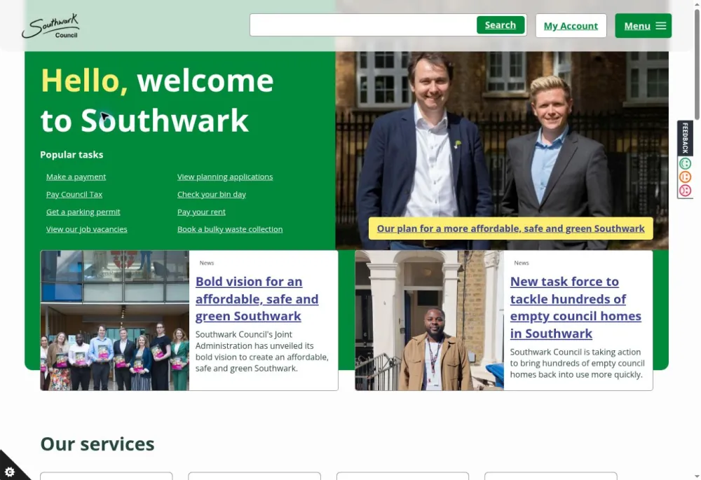 Southwark Council homepage with search, popular tasks and council news