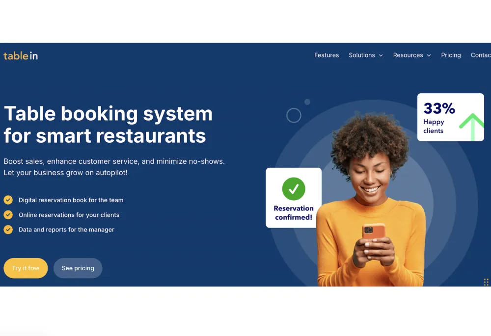 TableIn homepage hero with the headline "Table booking system for smart restaurants", online reservation features, and Try it free call-to-action on the public booking platform.