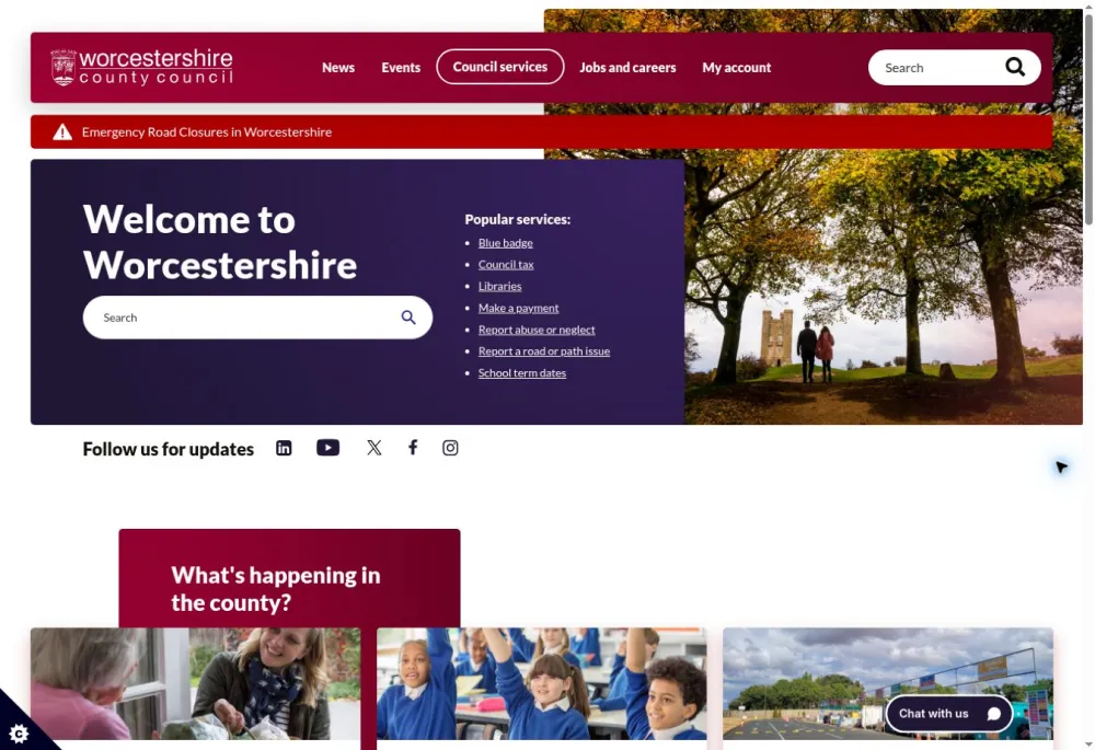 Worcestershire County Council homepage, with council navigation, service search, popular services and an autumn photograph of Broadway Tower