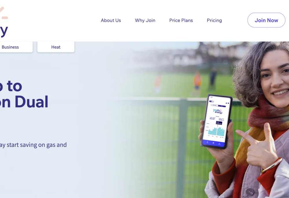 Yuno Energy homepage showing dual-fuel savings messaging, navigation, and Join Now call to action on the Irish electricity supplier's Drupal website.