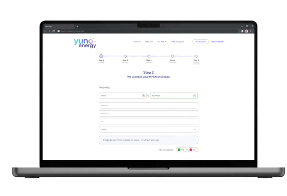 Yuno Energy multi-step registration form on a laptop, showing Step 2 where customers enter MPRN or Eircode address details in the Drupal Webform sign-up flow.