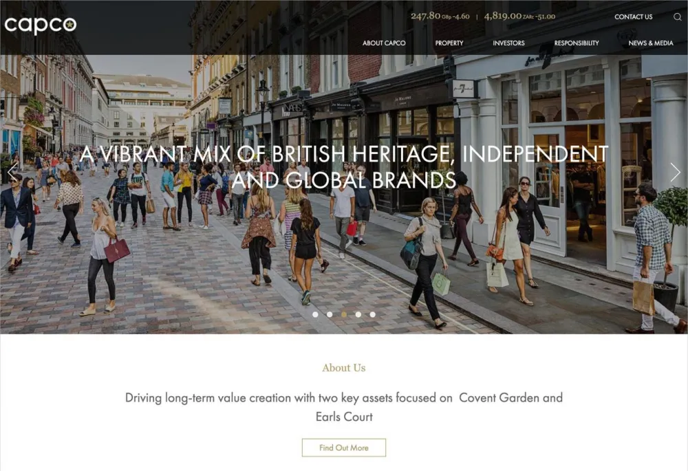 Capital and Counties website homepage featuring highlights on their two largest properties
