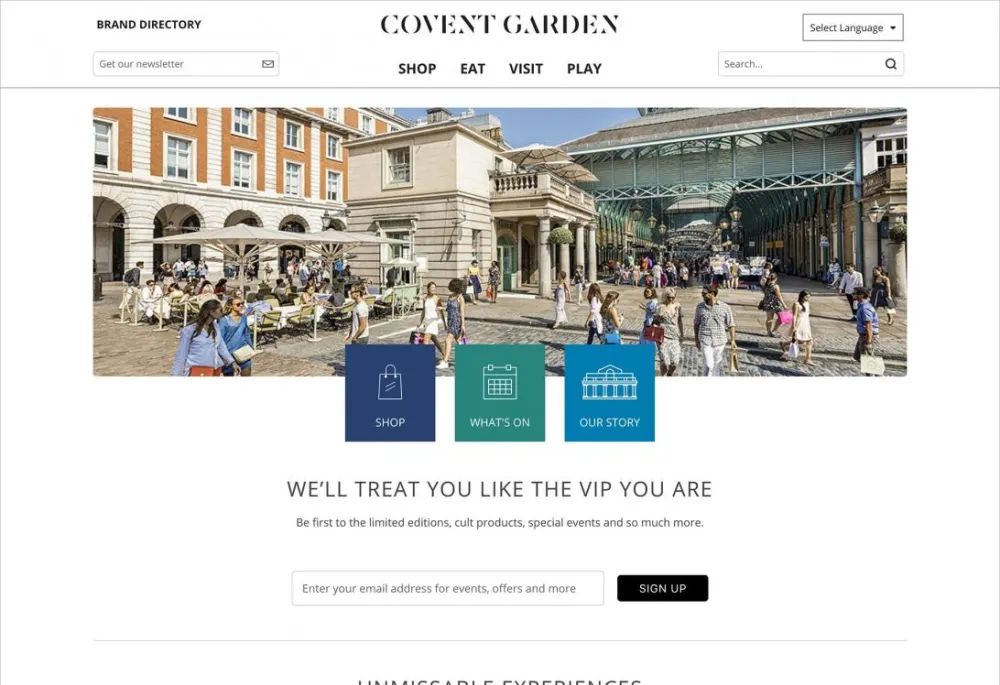 Covent Garden London website homepage featuring unmissable experiences and user generated images