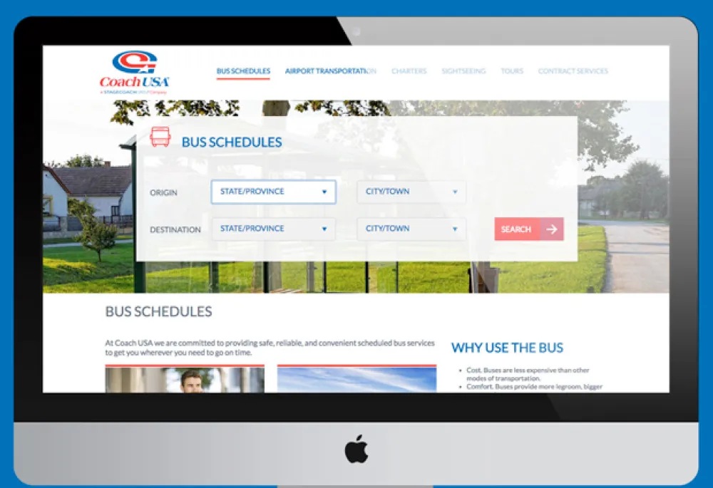 Desktop view of Coach USA's Homepage Redesign and Rebuild on Drupal 8
