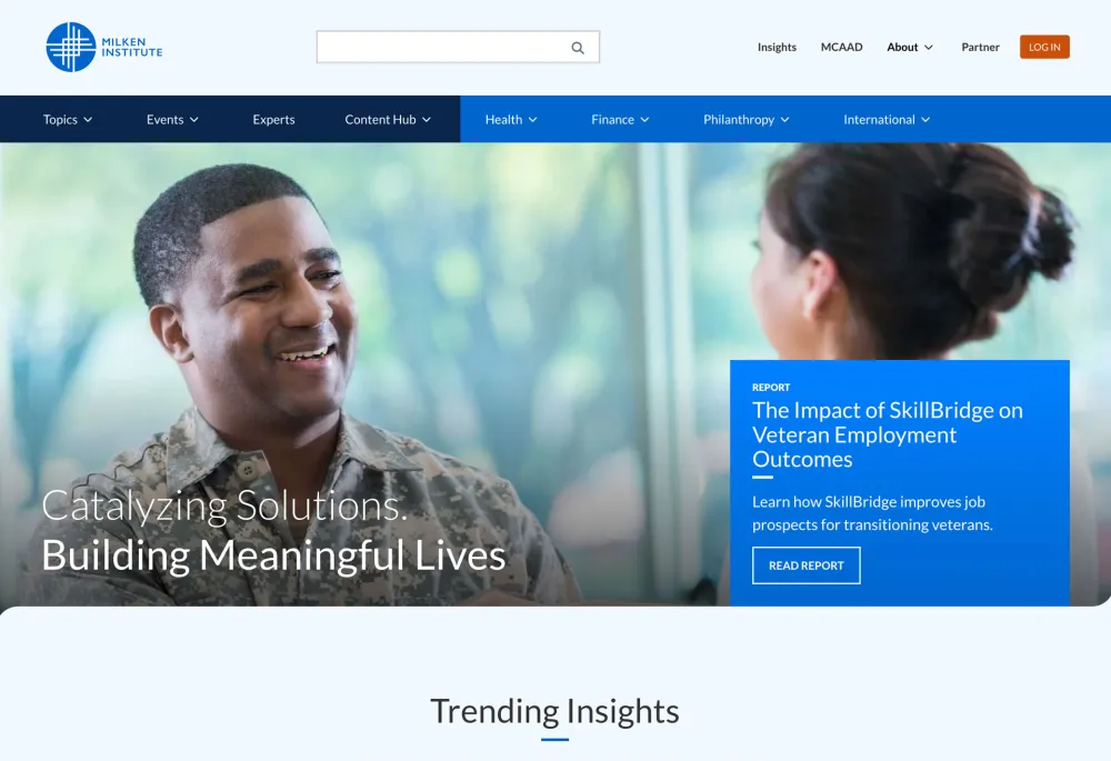Homepage with a bifurcated navigation, large cityscape image behind "Catalyzing Solutions, Building Meaningful Lives."