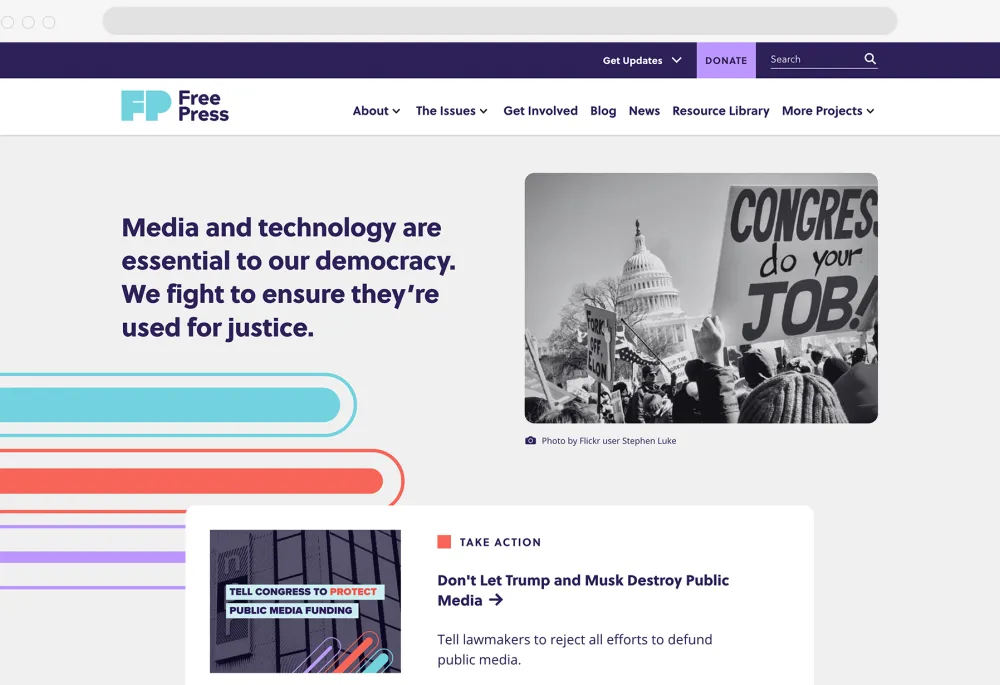 Free Press's homepage which features the tagline, "Media and technology are essential to our democracy. We fight to ensure they’re used for justice."