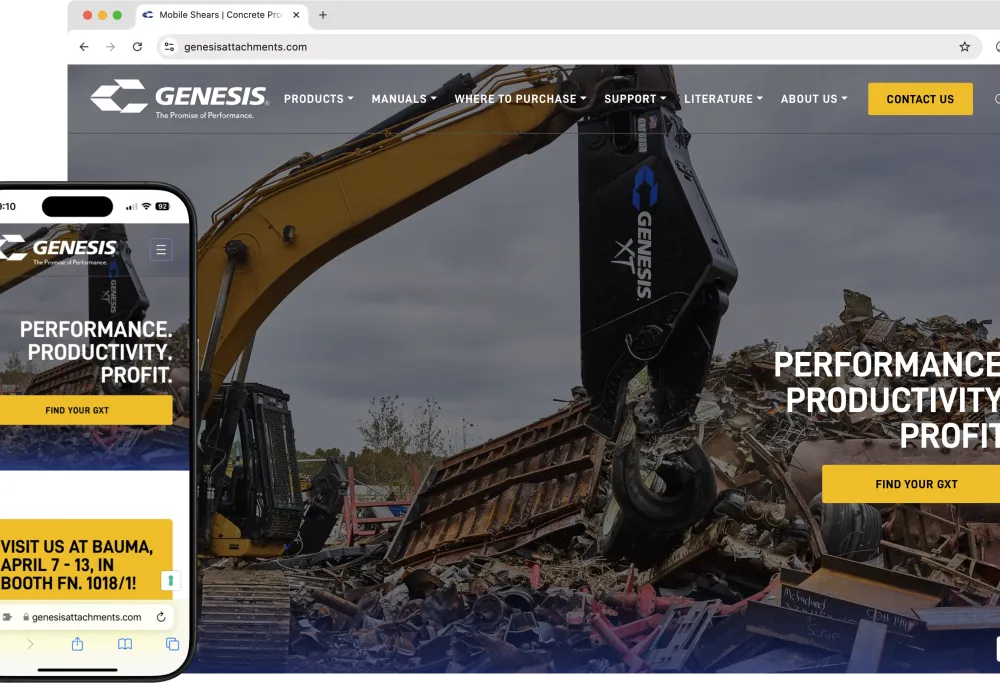 Genesis Attachments website screenshot showing desktop and mobile view