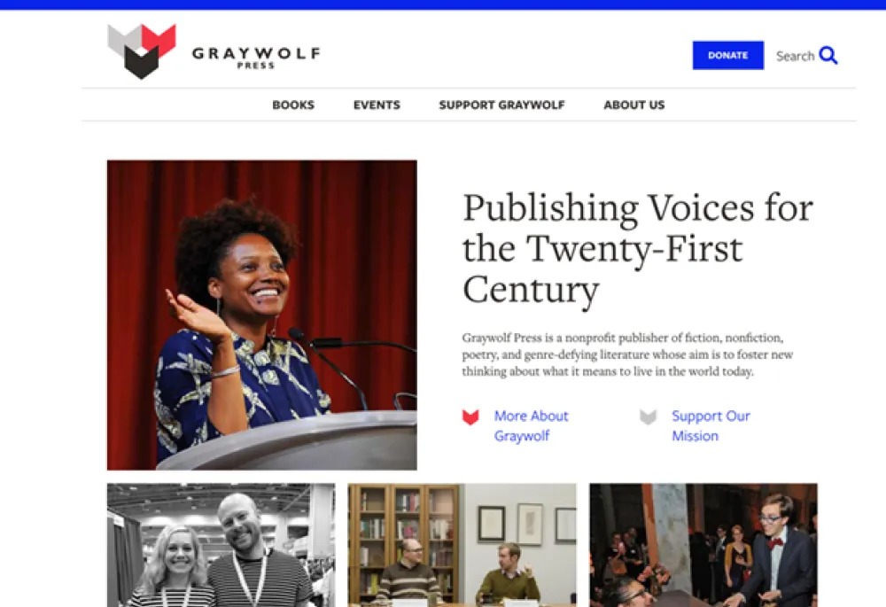 Screenshot of Graywolf website homepage, with menu, logo, and several photos of authors