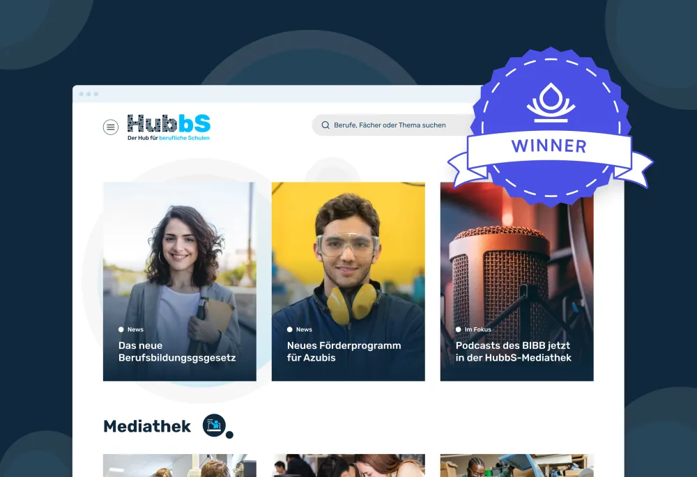 Preview of the top area of the HubbS Homepage. Plus the visual info that the website won drupal award.