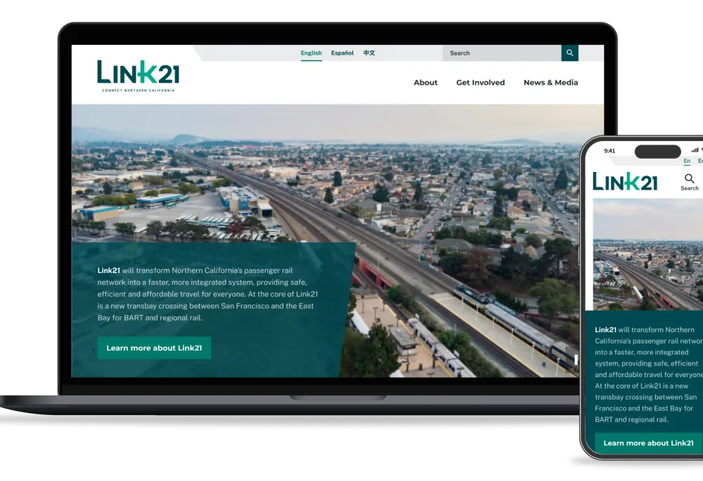 Mockups of the Link21website on laptop and mobile device