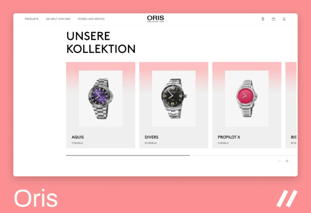 Screenshot of the Oris watch website displaying the "Unsere Kollektion" (Our Collection) section. Three watch models are shown: "Aquis" with a purple dial, "Divers" with a black dial, and "ProPilot X" with a pink dial. The page has a clean white background with a subtle pink gradient behind each watch. The navigation menu on top includes links to "Produkte", "Die Welt von Oris", and "Stores und Service".