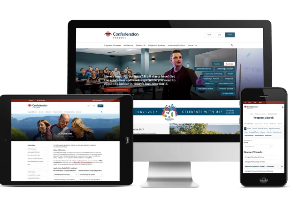 Confederation College Screen image of ipad mobile and desk view