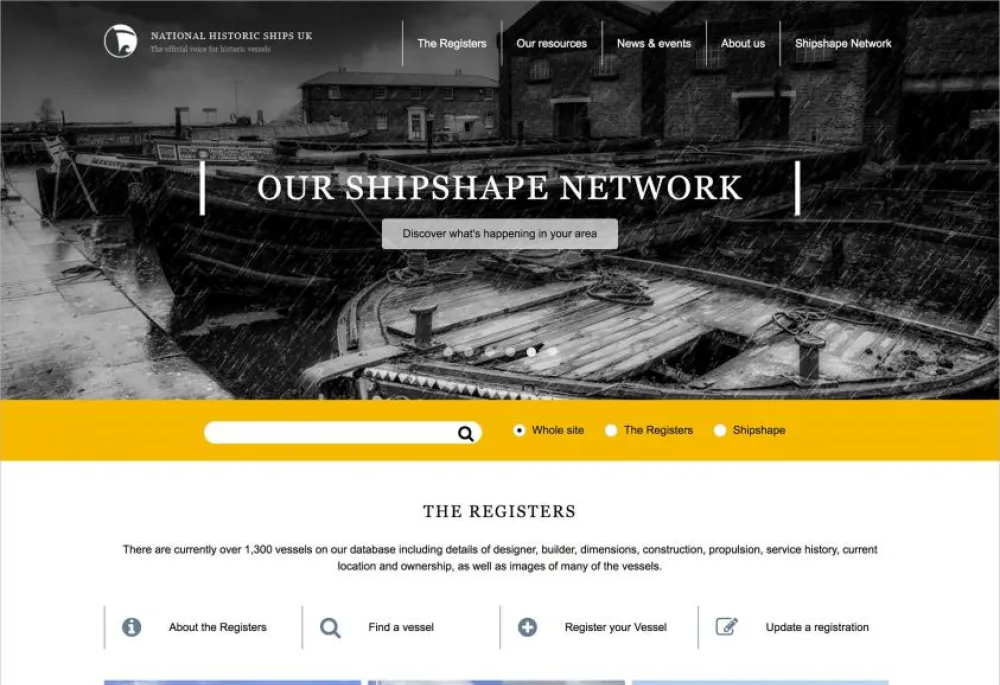 National Historic Ships Homepage featuring The Registers, Shipshape Network and News & Events