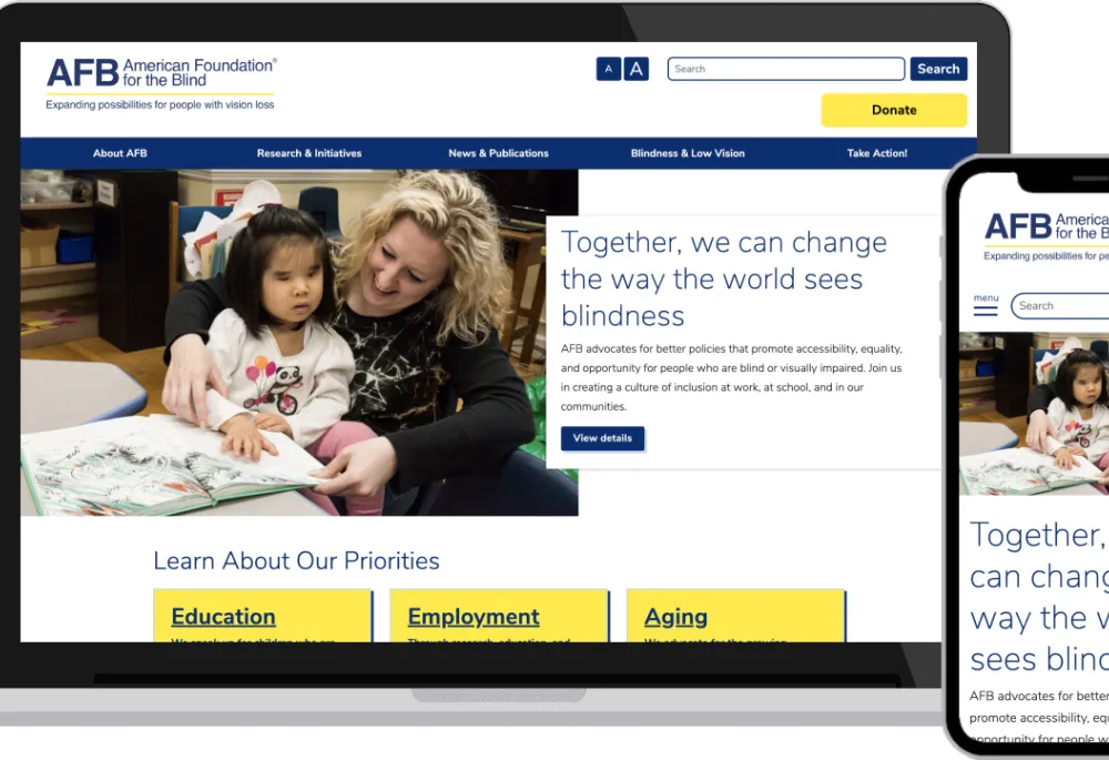 The AFB homepage in a desktop frame, accompanied by a mobile view