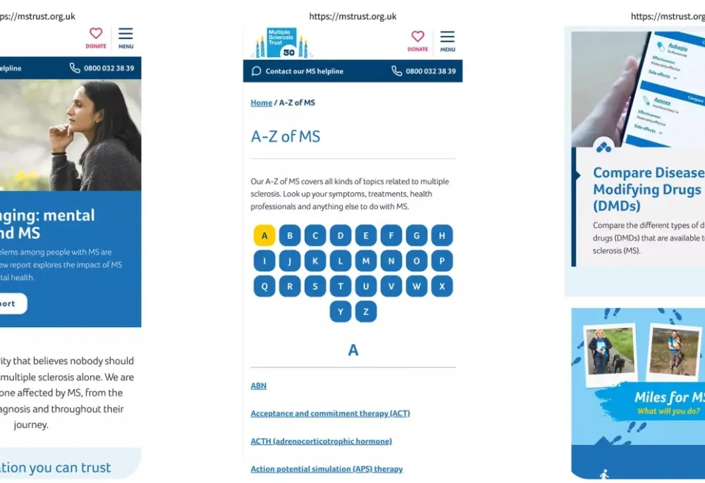 Mobile website mock ups of the MS Trust website