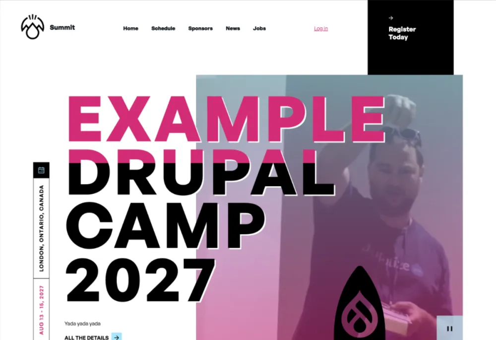 Screen capture of a site built with the Summit template, showing "Example Drupal Camp" on the home page