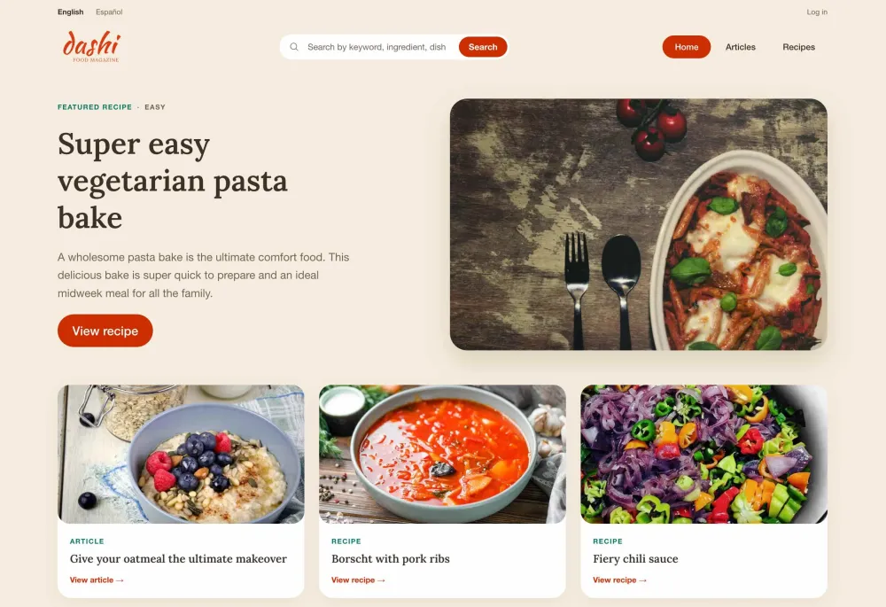 The Dashi homepage, showing a multi-lingual recipe site