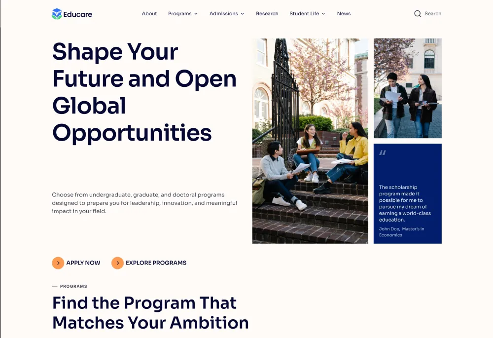 Educare home page design: hero and the education programme highlights.