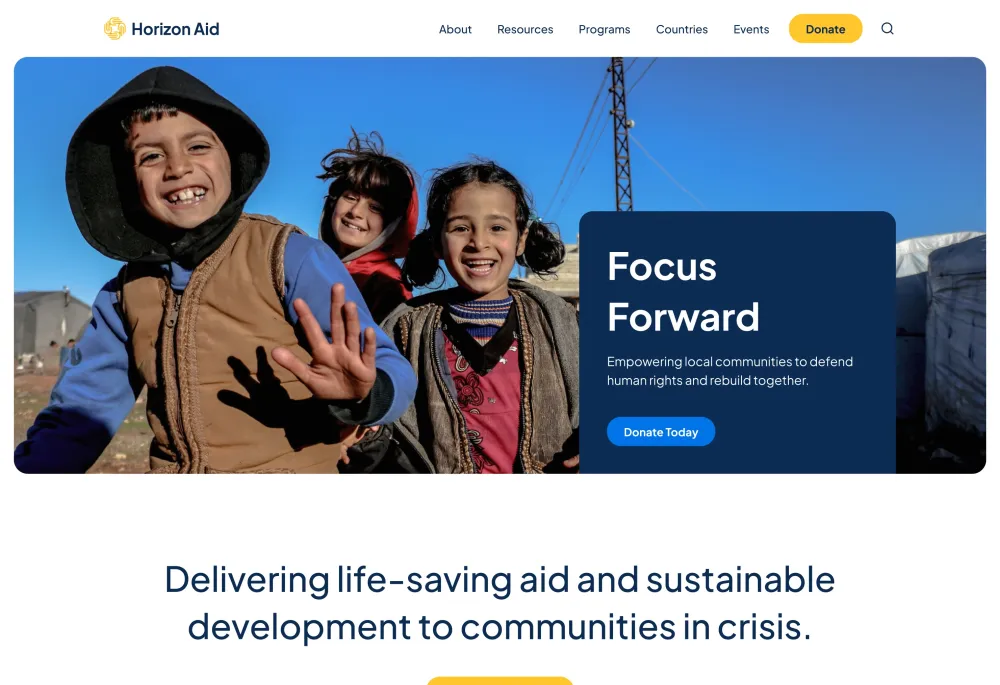 Horizon Aid home page design: hero with the headline Focus Forward and a Donate Today button, above the mission statement.