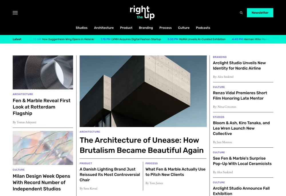 The Rightup home page design: header with the live feed ticker, a featured architecture story and the latest articles.