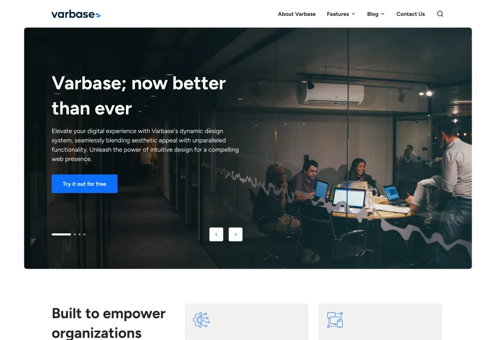 Varbase Starter home page design: hero with the headline Varbase; now better than ever and a Try it out for free button.