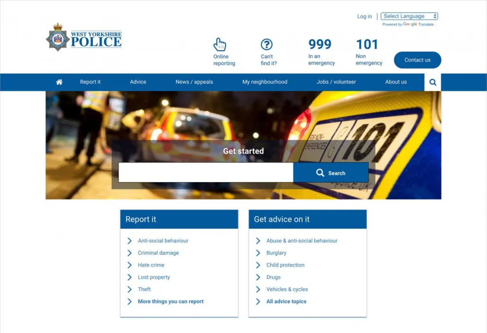 West Yorkshire Police website Homepage featuring reporting, advice and quick links