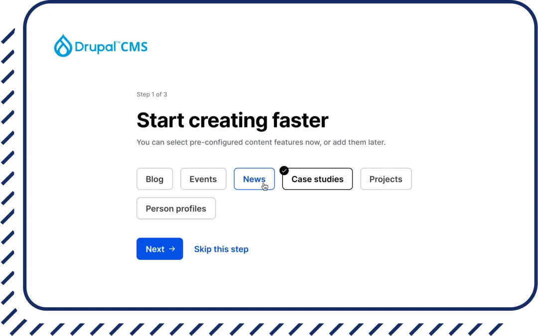 Screenshot of Drupal CMS setup experience
