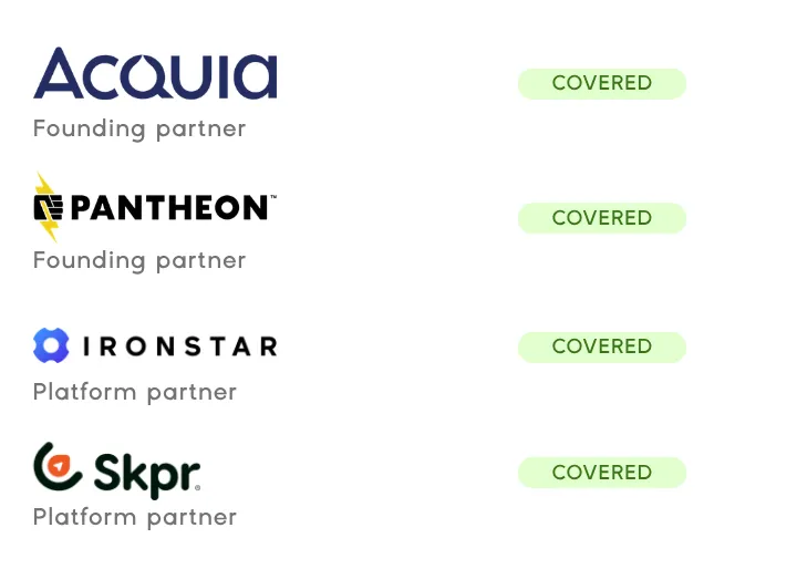 Logos of the Drupal Steward partners - Acquia, Pantheon, Ironstar and Skpr