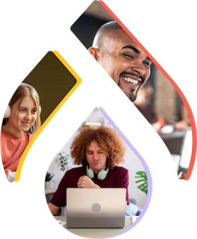 Drupal logo overlaid on photos of diverse Drupal users