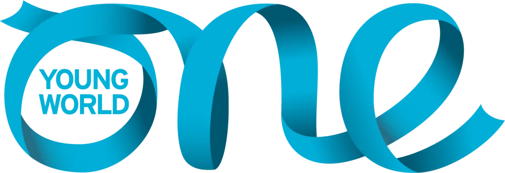 One Young World logo. A blue ribbon spelling out the word "one" with "young world" inside of the "o".