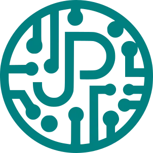 The logo that consists of monogram letters - JP - in circle with traces of elecrtonic circut