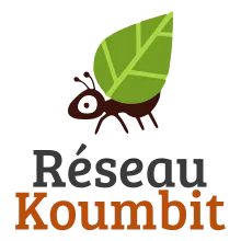 An illustrated worker ant carrying a large leaf above logo text that reads "Réseau Koumbit"