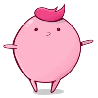 round cartoon person with a quiff of bright pink hair and outstretched arms