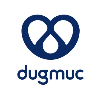 Drupal User Group Munich Logo. A bretzel with a Drupal drop and the abreviation dugmuc.