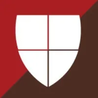 White shield on scarlet and brown background.