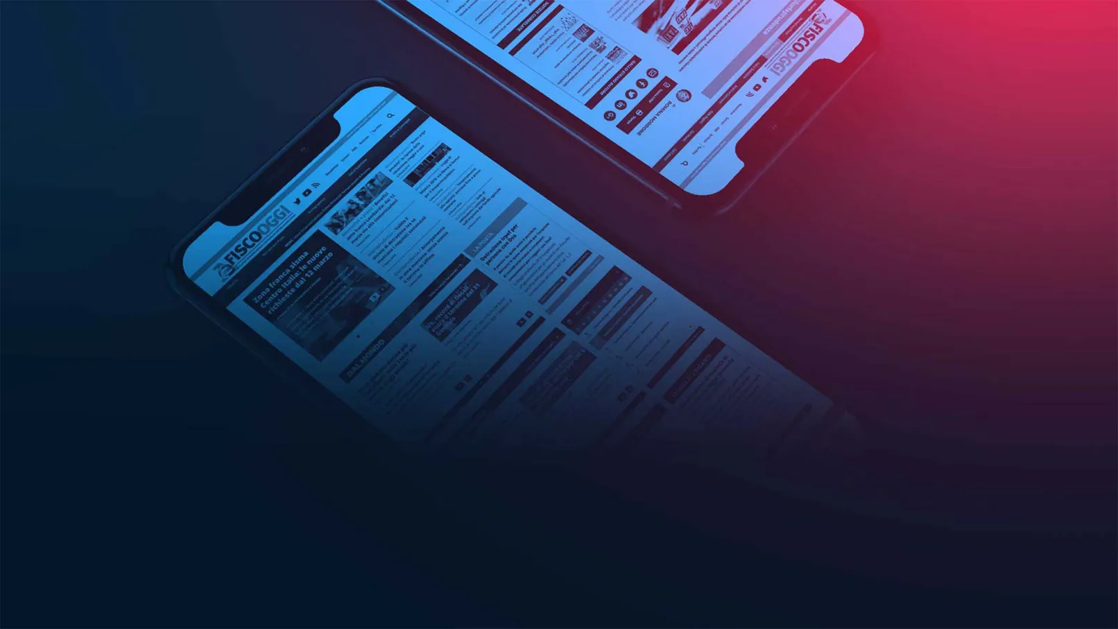 The FiscoOggi tax magazine shown on two smartphones against a dark blue and red background