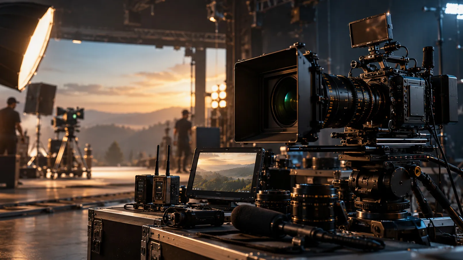 Professional film production set at sunset with a cinema camera, lenses, wireless monitors, and lighting equipment