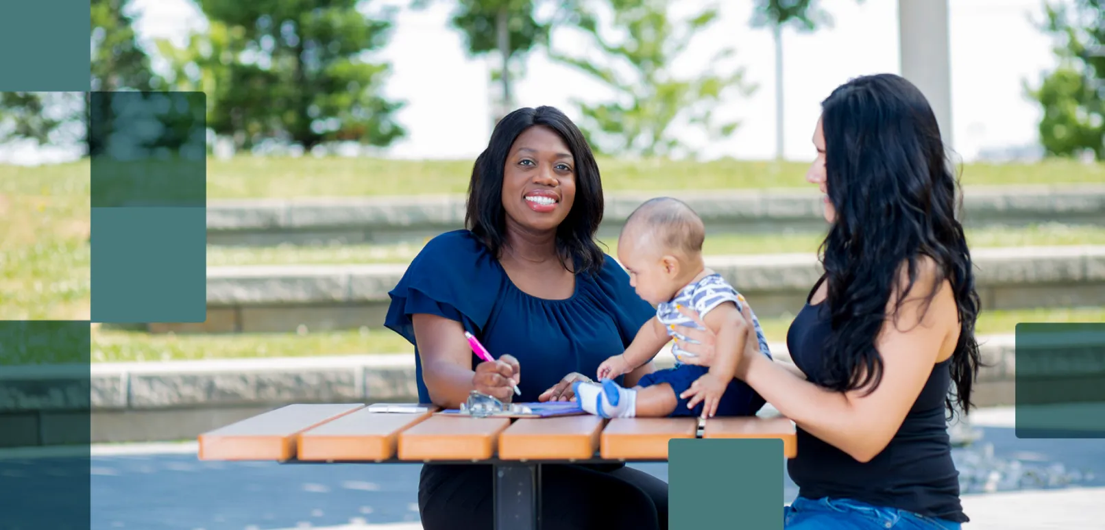 Image 1: Two women sit at an outdoor picnic table, one holding a baby while the other writes on a clipboard. Teal geometric overlays frame the scene.