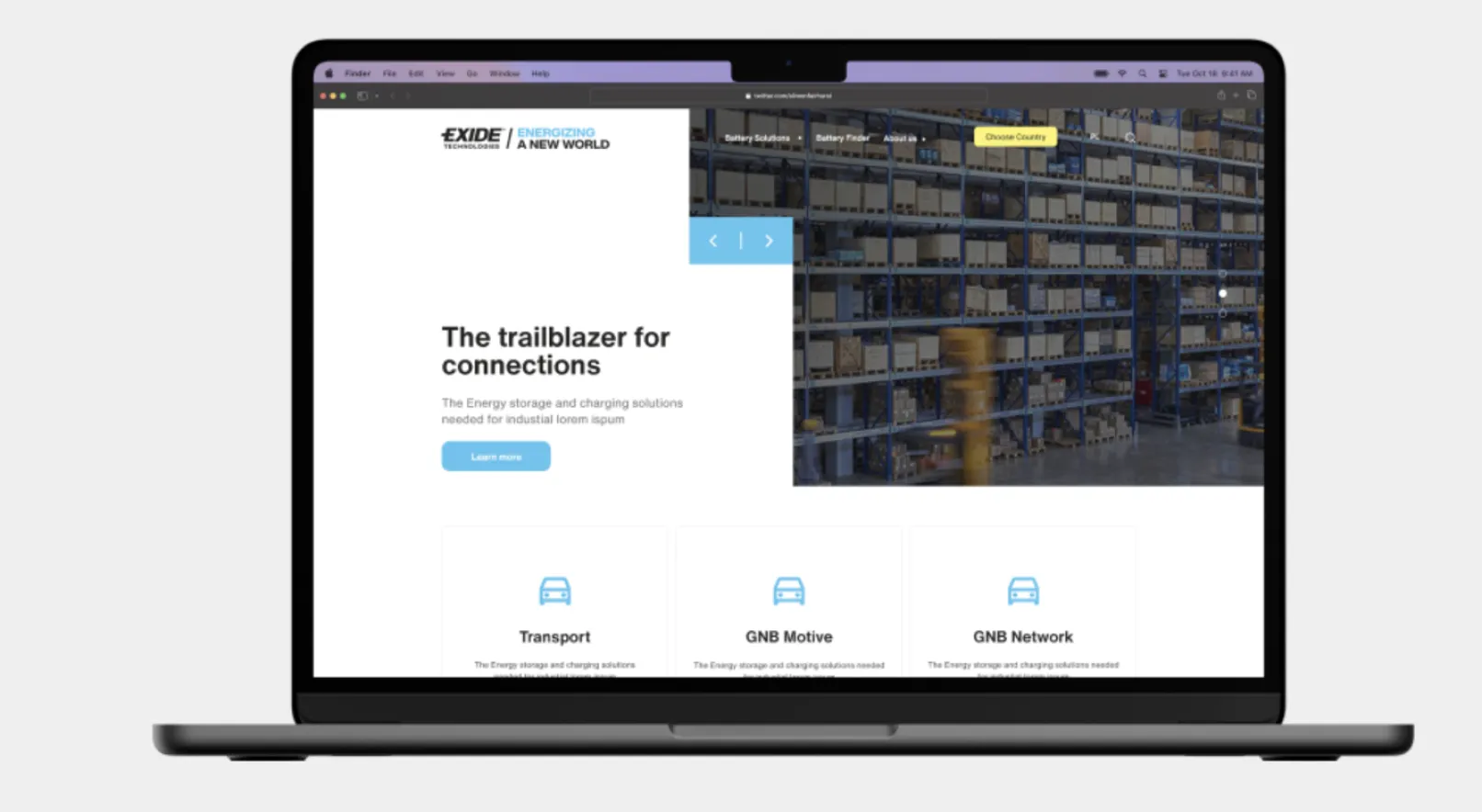 Exide Technologies corporate website displayed on a laptop, showing the refreshed Drupal homepage with warehouse hero image and service category cards.