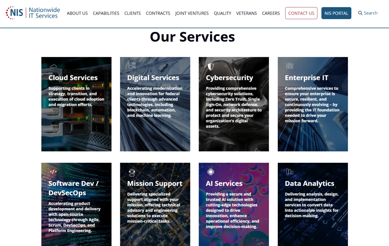 Nationwide IT Services contract vehicles webpage displaying a list of government contracting vehicles and procurement options. The page outlines available federal contract mechanisms supporting IT services, digital modernization, and mission support, with sections organized to help agencies quickly identify applicable contract pathways and partner engagement opportunities.