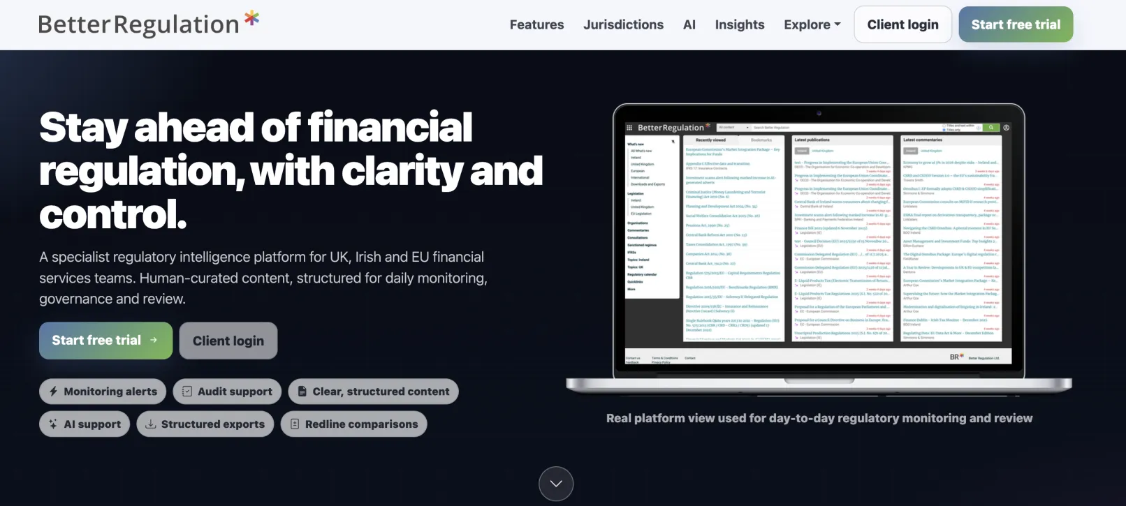 BetterRegulation.com homepage showing the subscription-based legal and regulatory compliance platform for UK and Ireland professionals.