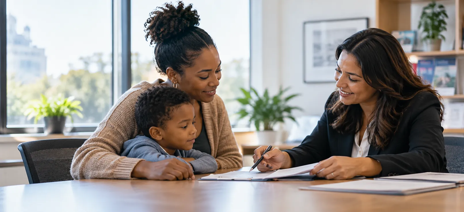 An attorney in a dark blazer smiles as she walks a mother and her young son through paperwork at a table in a bright, plant-filled office.