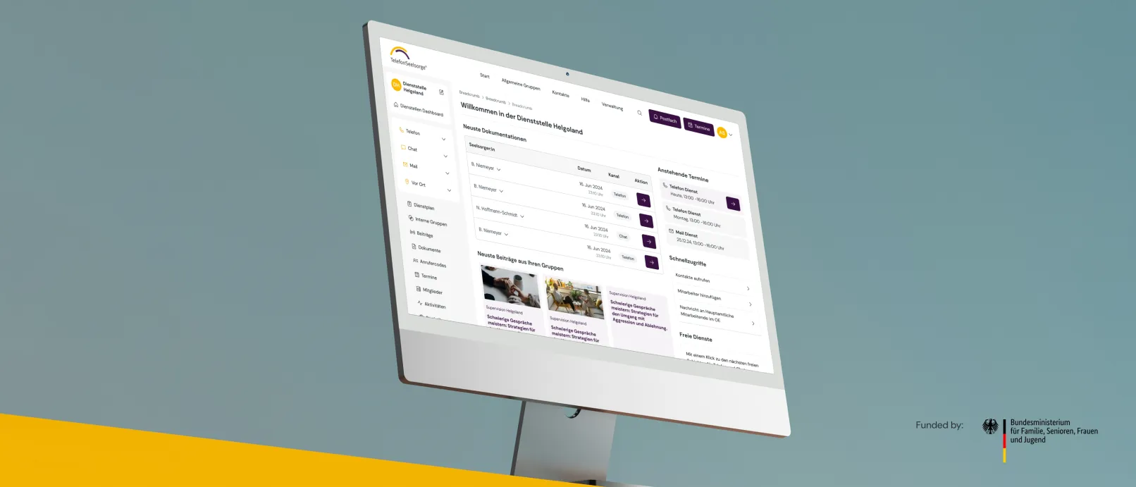 Laptop showing the website of the TelefonSeelsorge on the screen. In the bottom right corner it states "founded by