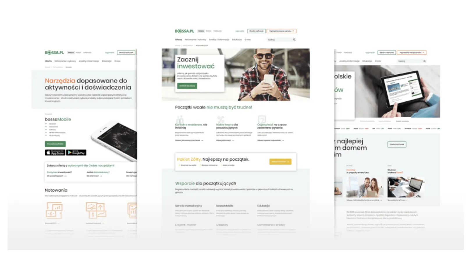 Three BOSSA Drupal portal pages side by side: trading tools with bossaMobile app, a beginner investing landing page with the Yellow Package offer, and responsive layouts on tablet and desktop.