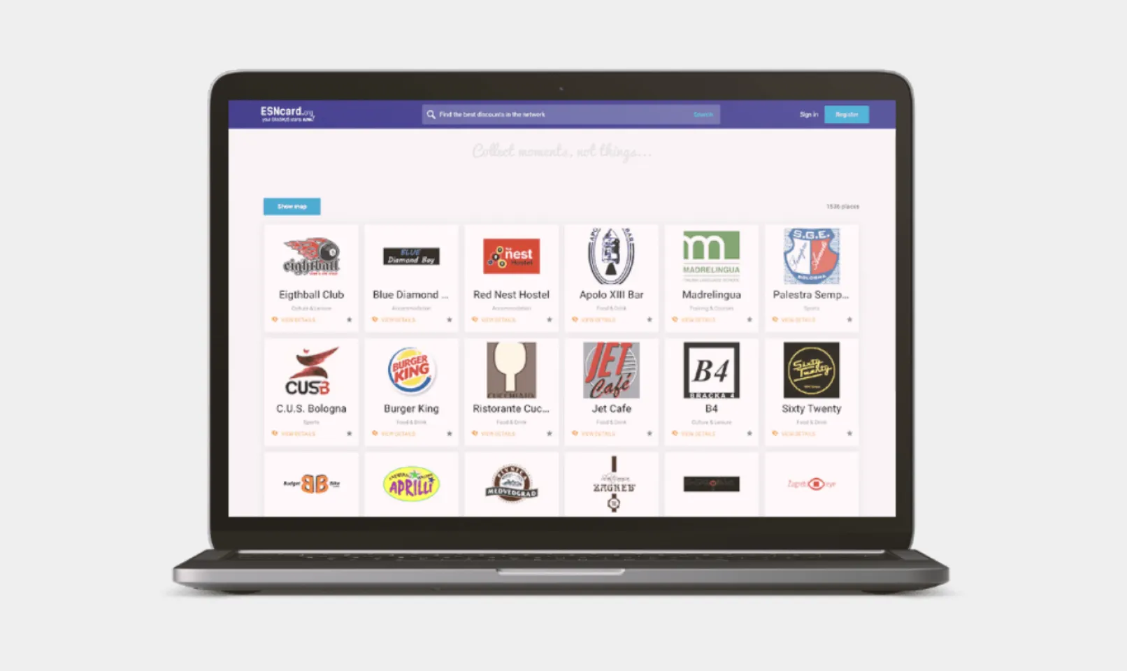 Laptop mockup of the ESNcard.org Drupal portal showing a searchable grid of more than 1,500 partner discounts with categories such as accommodation, food, and culture, including Burger King and local hostels.