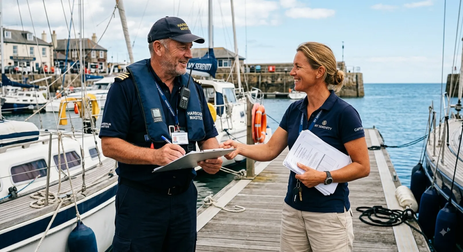 A male harbour master in official uniform, lifejacket, and cap writes on a clipboard while meeting with a female yacht captain holding paperwork on a wooden pier, with docked boats and harbour buildings in the background.