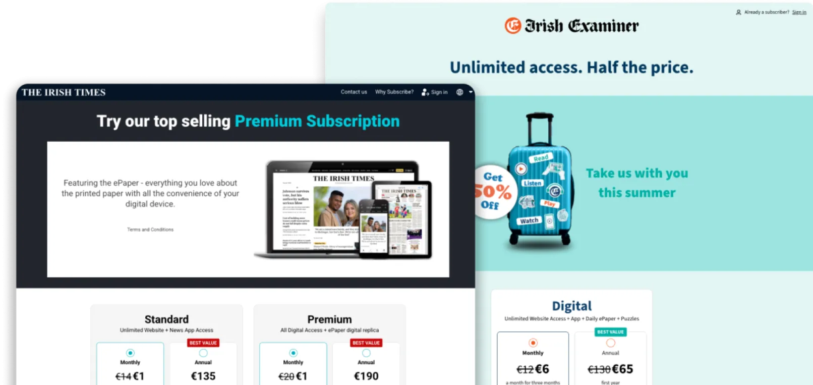 Homepages of The Irish Times Group's subscription management sites built on Drupal Commerce